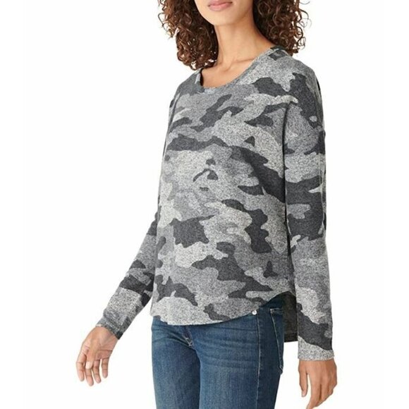 Lucky Brand Womens Medium Camo Hacci Crew Neck Top Gray Long Sleeves Cozy - Picture 1 of 9